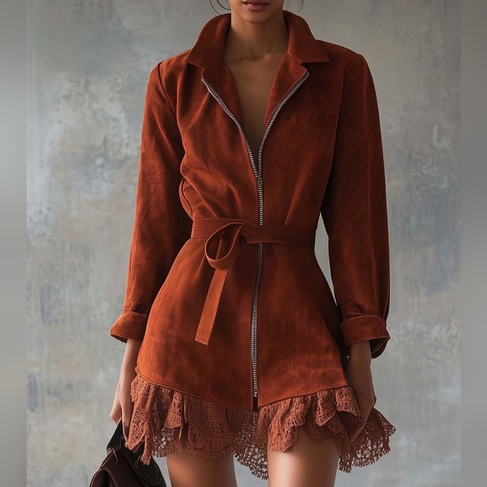 Rust Red Suede Zip-Up Dress with Lace Hem